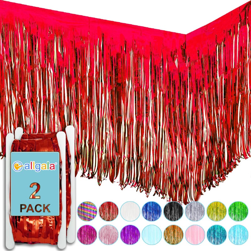 allgala Red Tinsel Table Skirt 2-Pack 29x108 Inch Metallic Foil Fringe Table Skirts for Party Event, Parade Float, Party Decoraton - Image 1